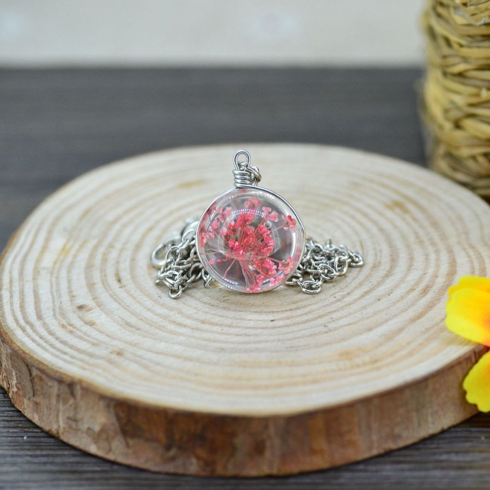Dried Pink Flower Glass Orb Chain Necklace